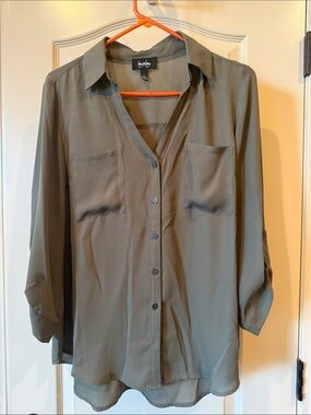 by & by Olive Green Sheer Button-Up Blouse